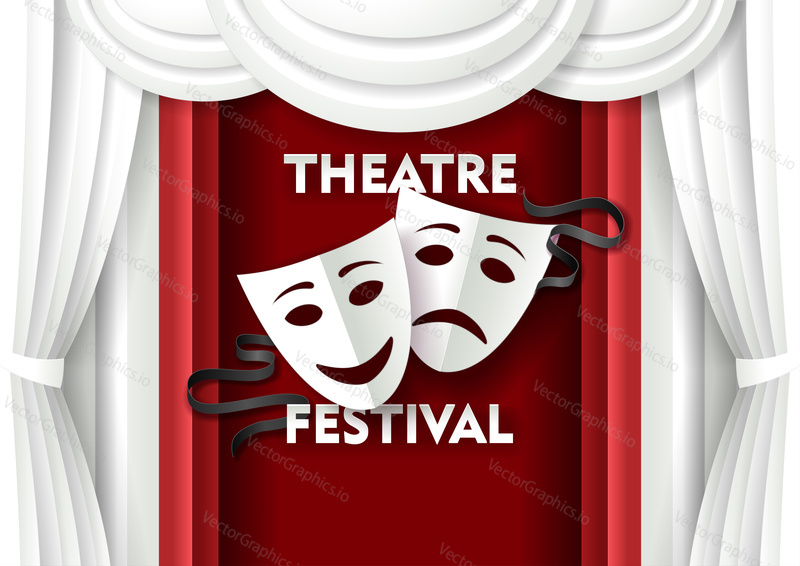 Theatre festival poster banner template. Vector paper cut theater decorations with comedy and tragedy theater masks.