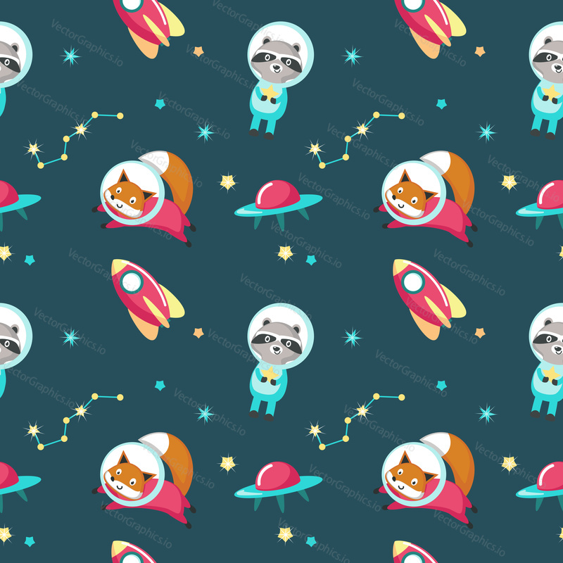 Cute animals in outer space vector seamless pattern. Creative design with funny raccoon and fox in cosmos for fabric, textile, wallpaper, wrapping paper.