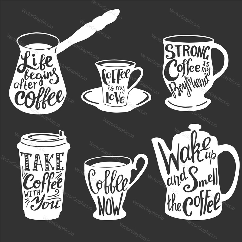 Векторный кофейный набор с написанными от руки вдохновляющими и забавными кофейными цитатами и высказываниями. Винтажный креативный типографский дизайн белого цвета на классной доске для кафе и печати.