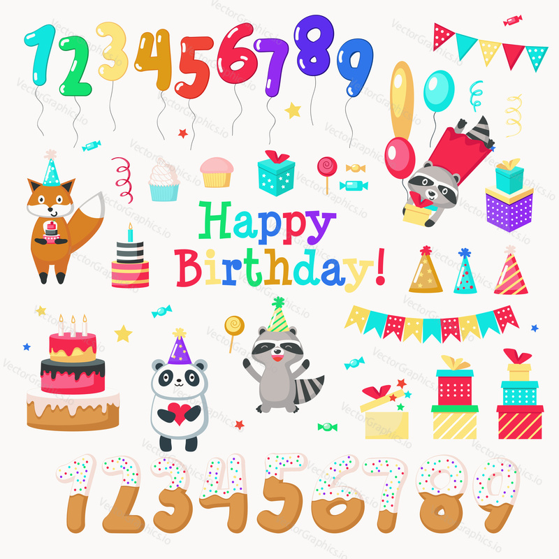 Happy birthday icon set. Vector hand drawn cute animals fox raccoon panda, numerals, birthday cake, sweets, gift boxes, balloons, party hats and string flags. Invitation greeting card design elements.
