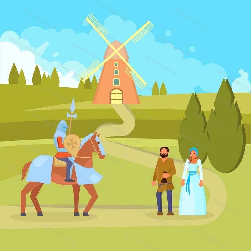 Векторная иллюстрация средневековой сцены с рыцарем на коне с полным рыцарским снаряжением, включая шлем, кольчугу, копье и щит, крестьян, ветряную мельницу, сельский пейзаж. Дизайн в плоском стиле.