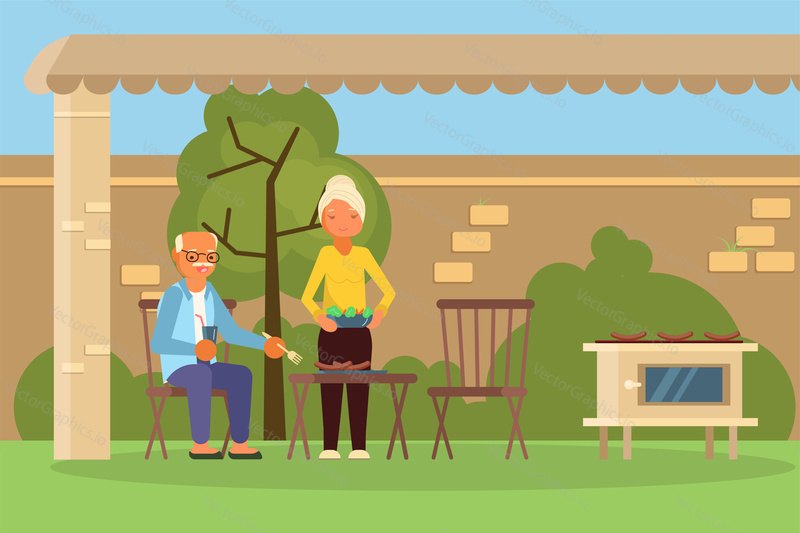 Family couple on bbq. Elderly woman and man grilling sausages on barbecue grill in backyard. Vector flat style design illustration.