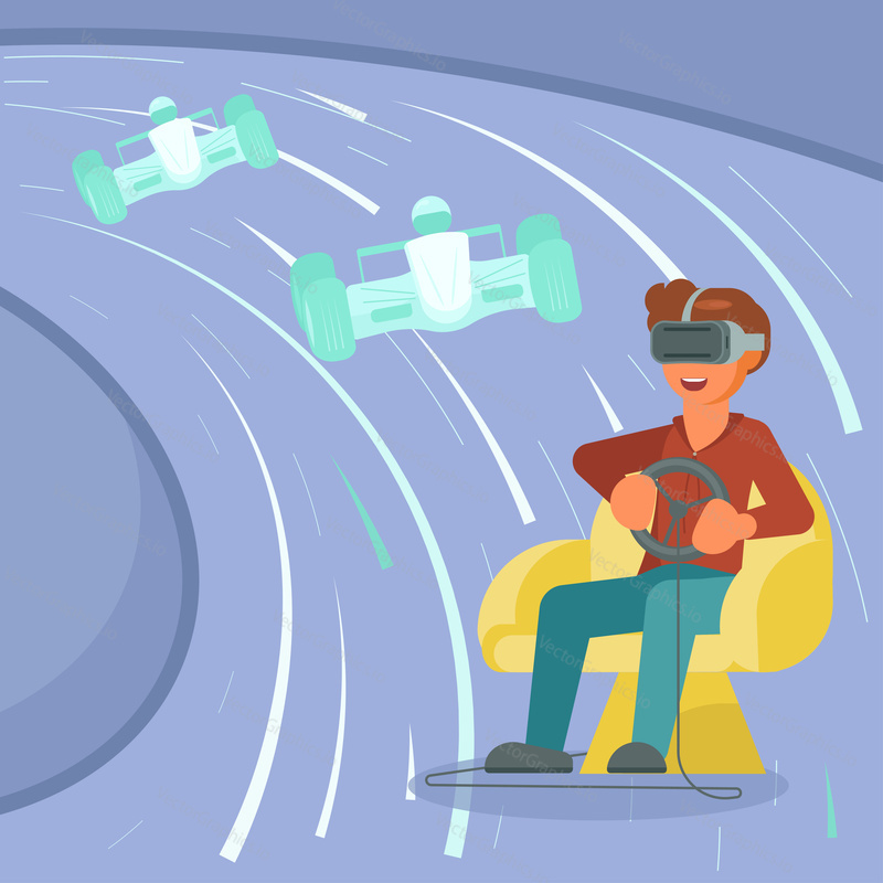 Virtual reality technology and entertainment concept vector illustration. Boy in VR headset driving race car while playing virtual reality game at home.