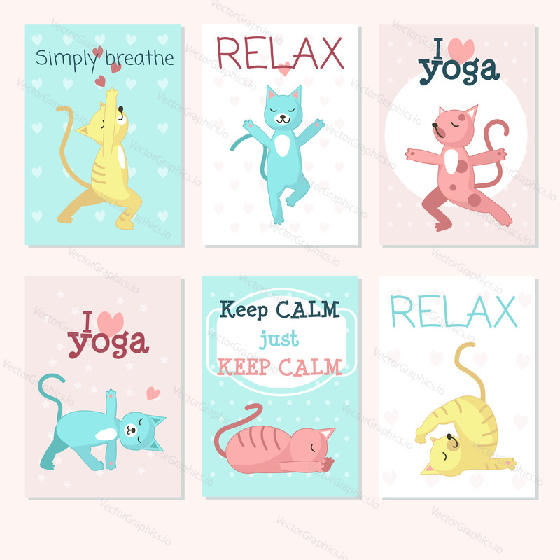 Cats yoga card template set. Vector illustration of cute color cats doing yoga poses, handwritten yoga quotes for motivation and inspiration.