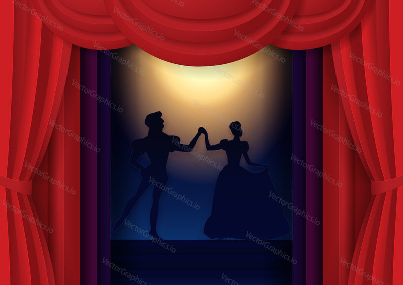 Theatrical performance poster banner template. Vector paper cut theater stage with red curtains, spotlight and actors silhouettes.