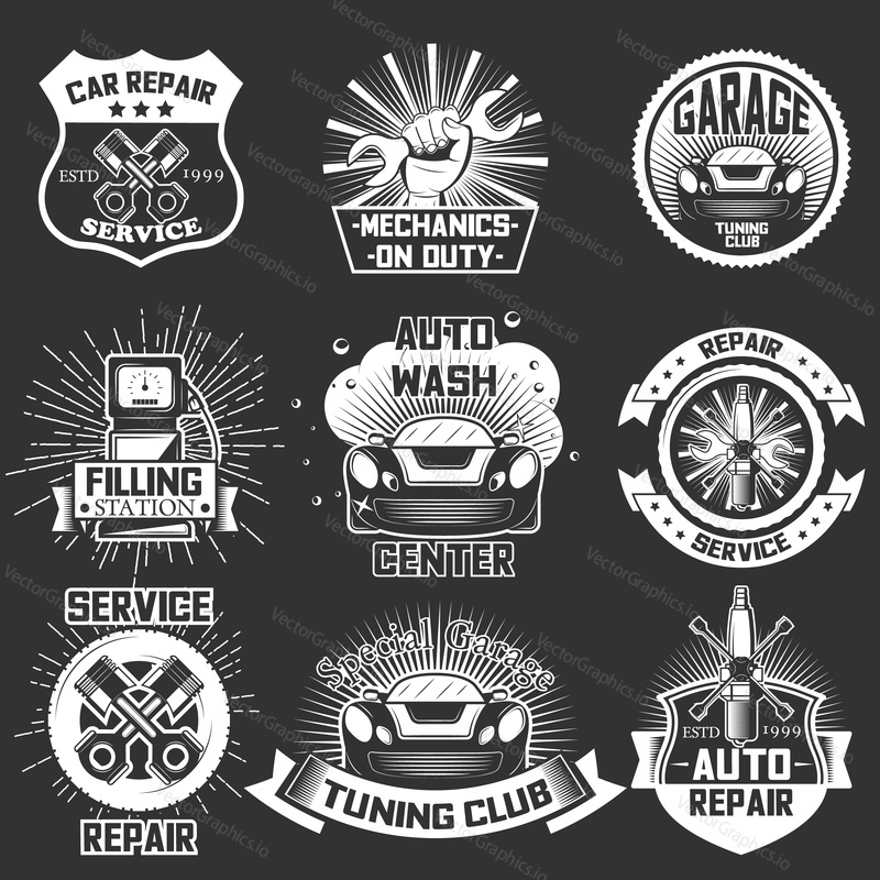 Vector set of car service emblems, badges, labels, logo in retro style. Vintage chalkboard auto repair, car wash, filling station symbols, icons, typography design elements.