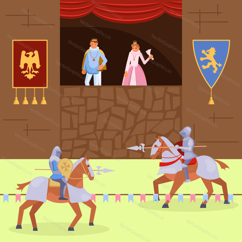 Medieval knights joust scene. Vector illustration of royal family looking at fight between mounted knights wearing armor and using lances. Middle ages knights tournament flat style design.