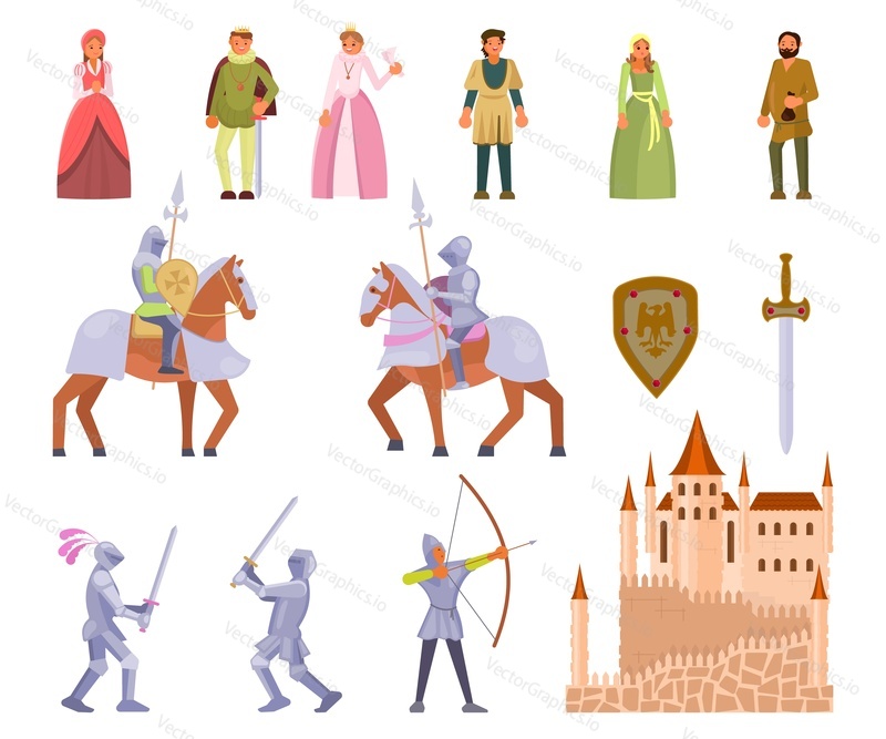 Medieval knight icon set. Vector illustration of medieval cartoon characters king, queen, peasants, knights with spears, archer, castle, sword, shield isolated on white background. Flat style design.