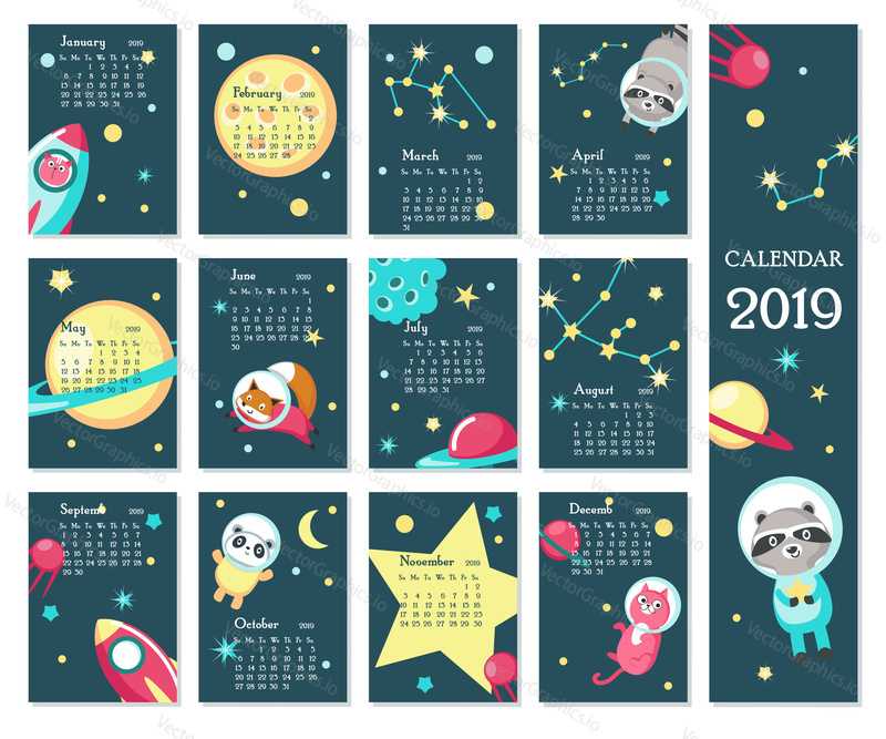 Year 2019 calendar vector template. Yearly calendar showing months with cute space animals, rockets, planets, constellations.