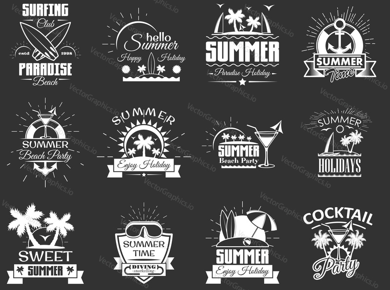 Vector set of summertime emblems, badges, labels, logo in retro style. Vintage chalkboard summer beach holidays symbols, icons, typography design elements.