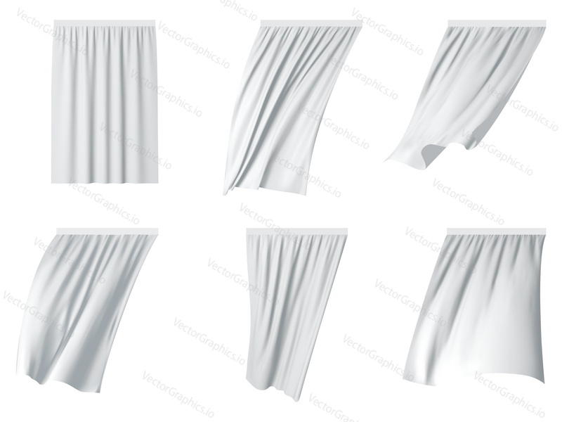 White fluttering curtain set. Vector realistic illustration isolated on white background.