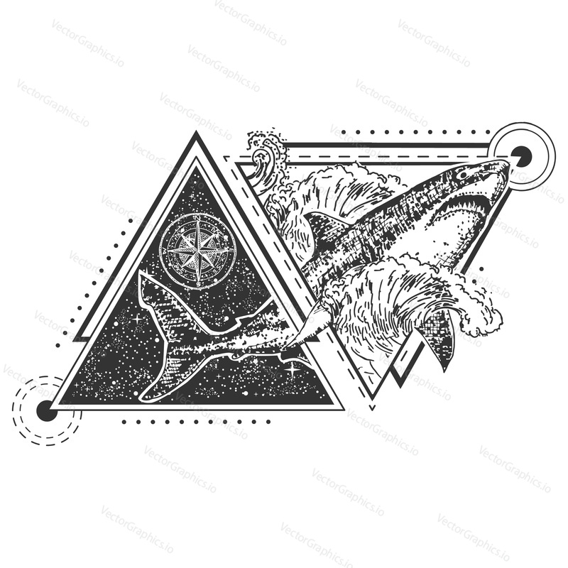 Vector geometric animal tattoo or t-shirt print design. Shark combined with compass rose, ocean waves, night sky and geometric patterns.