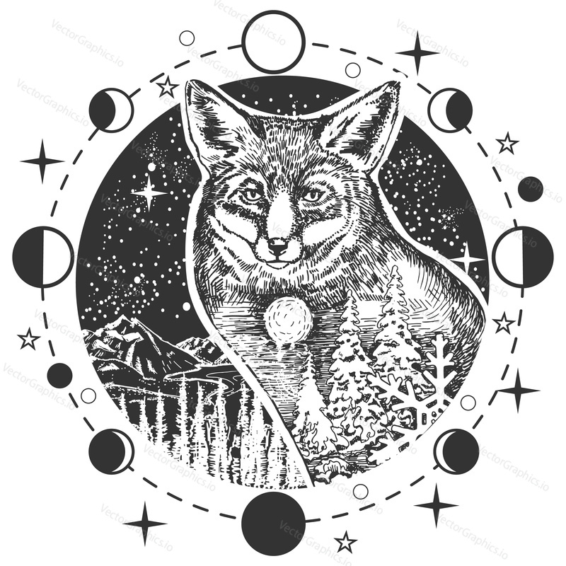 Vector animal tattoo or t-shirt print design. Fox head combined with nature in round frame with moon phases.