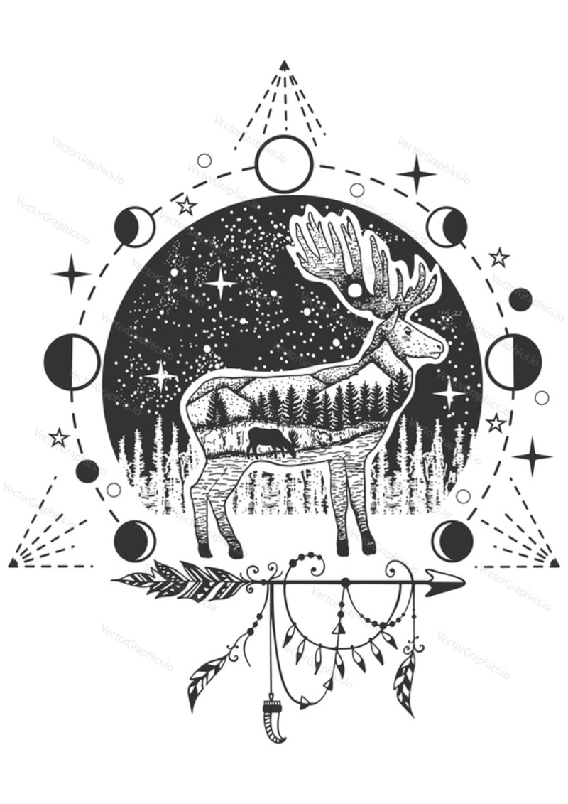 Vector animal tattoo or t-shirt print design. Elk combined with nature, geometric pattern, moon phases and boho elements.
