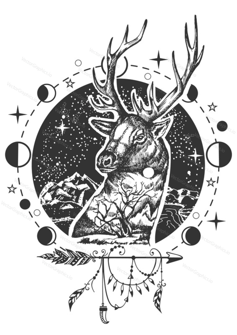 Vector animal tattoo or t-shirt print design. Deer head combined with nature, moon phases and boho elements.