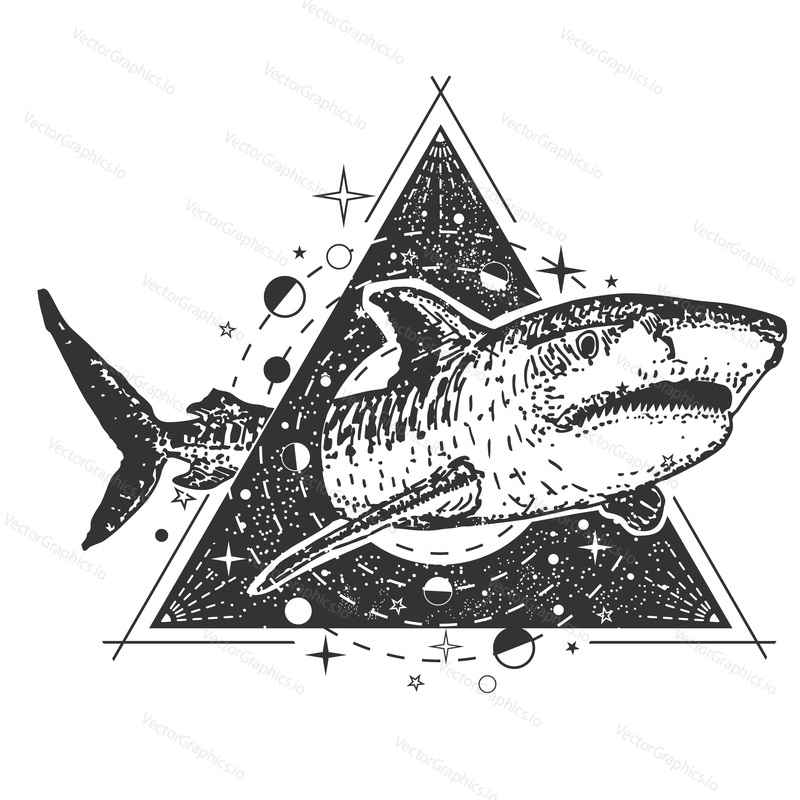 Vector geometric animal tattoo or t-shirt print design. Shark combined with night sky, moon phases in triangle geometric shape.