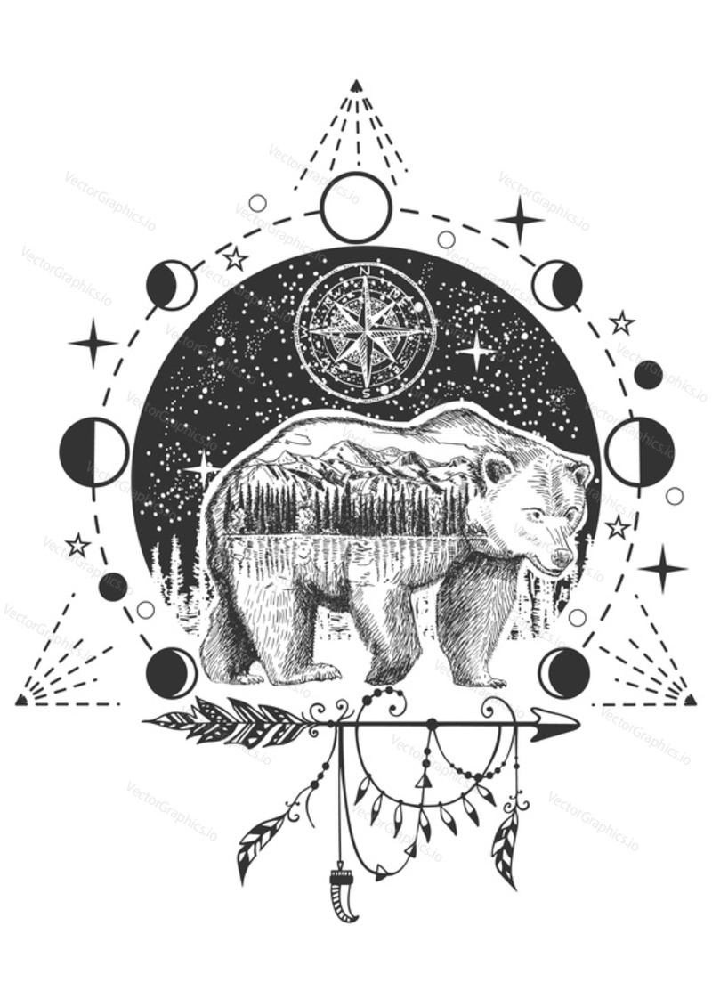 Vector animal tattoo or t-shirt print design. Bear combined with nature, compass rose, geometric pattern, moon phases and boho elements.
