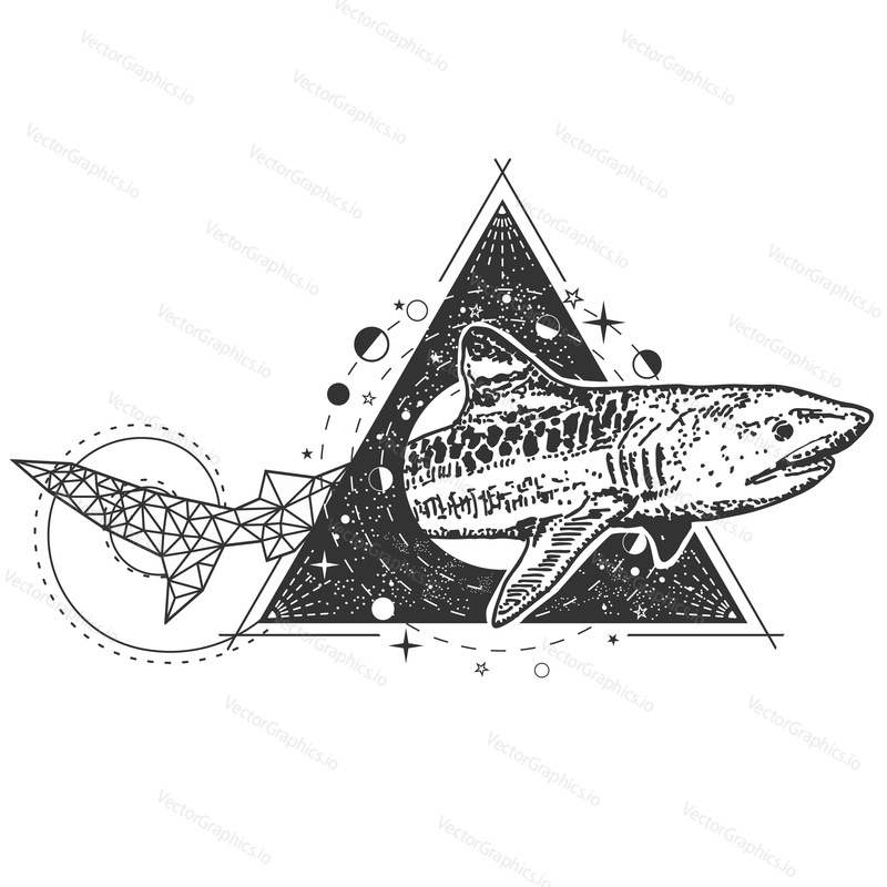 Vector geometric shark tattoo or t-shirt print design. Shark with polygonal tail combined with night sky and moon phases in triangle geometric shape.