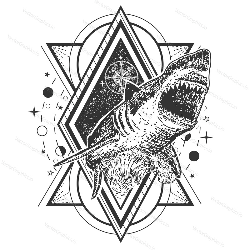 Vector geometric shark tattoo or t-shirt print design. Shark combined with compass rose, ocean waves, night sky and geometric pattern.