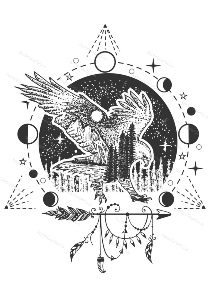 Vector eagle tattoo or t-shirt print design. Eagle combined with nature, geometric pattern, moon phases and boho elements.