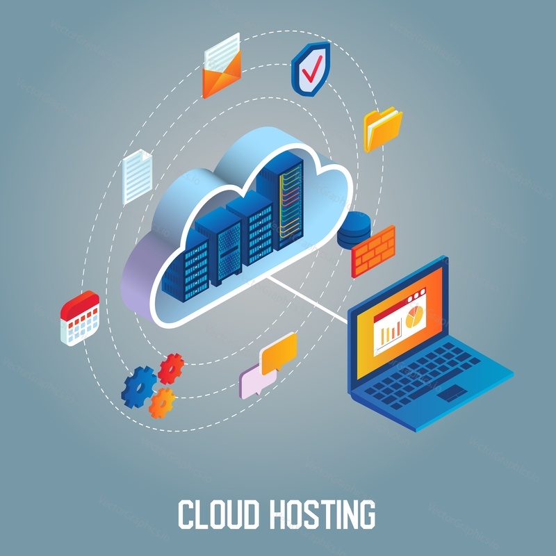 Cloud hosting flowchart vector isometric illustration. Data center with hosting server racks in cloud connected with laptop.