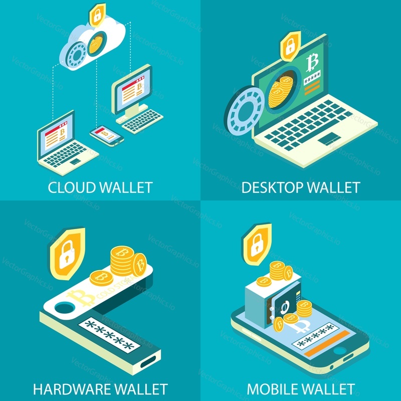 Cryptocurrency wallet icon set. Vector isometric illustration. Cloud wallet, Desktop wallet, Hardware and Mobile wallet concept design elements.