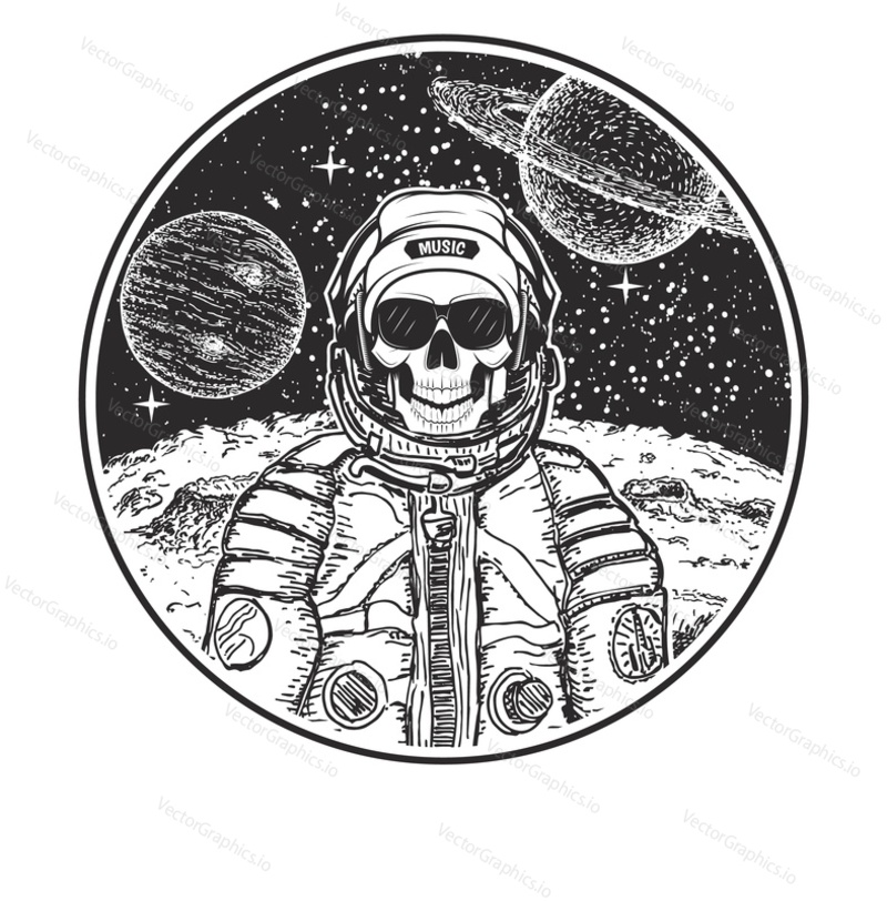 Astronaut music skull vector hand drawn illustration. Human skull in hat, sunglasses and spacesuit listening to music. Modern t-shirt design template.
