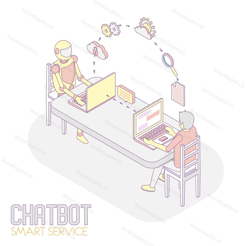 Chatbot smart service concept. Vector isometric illustration of man chatting with robot internet bot while using laptop.