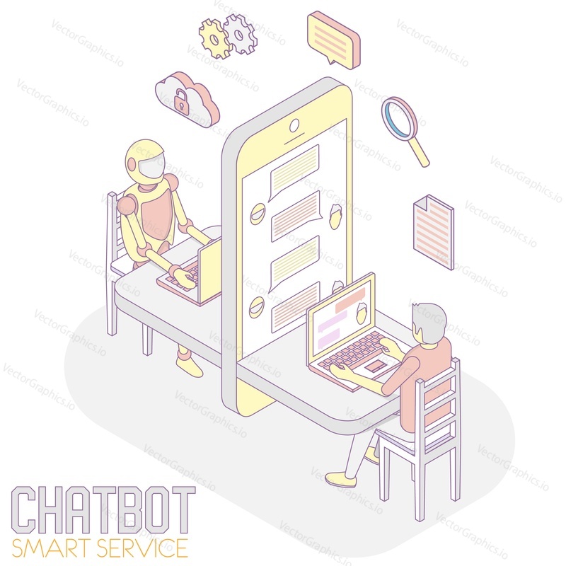 Chatbot app concept. Vector isometric illustration of man chatting with robot internet bot.