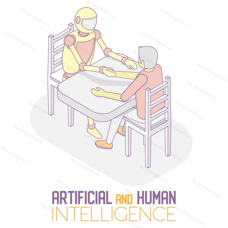 Artificial intelligence and human intelligence concept. Vector isometric illustration of robot machine and man handshake.