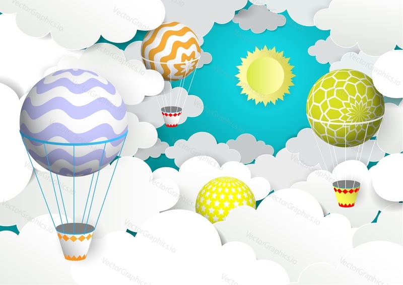 Hot air balloons in the sky. Vector illustration in paper art style. Hot air balloon background, wallpaper.