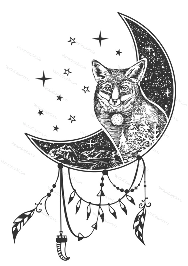 Vector boho fox tattoo or t-shirt print design. Fox head on crescent moon combined with nature and boho elements.