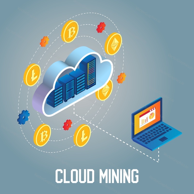Cryptocurrency cloud mining flowchart. Vector isometric illustration.