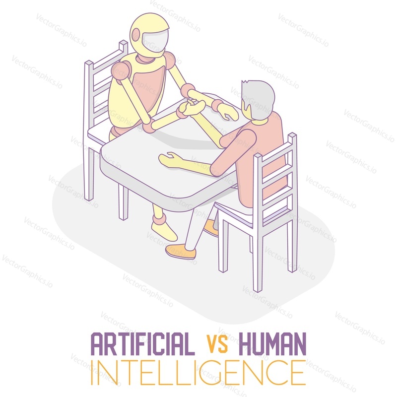 Artificial intelligence vs human intelligence concept. Vector isometric illustration of robot machine and man arm wrestling.
