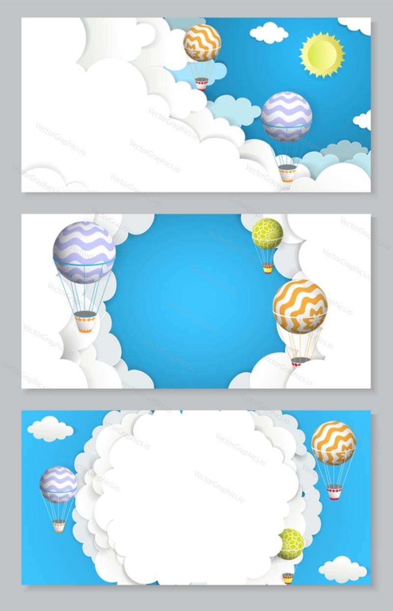 Vector horizontal banner set with paper cut hot air balloons flying in the sky.