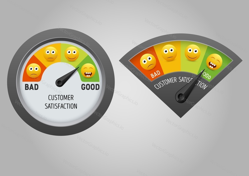 Customer satisfaction meter set vector illustration. Color scale with arrow from red bad to green good emotion and smiley emoji characters with different facial expressions.