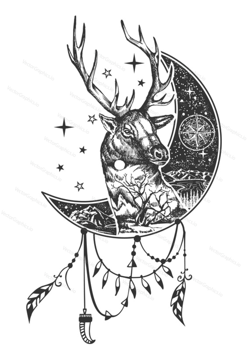 Vector boho deer tattoo or t-shirt print design. Deer head on crescent moon combined with nature and boho elements.