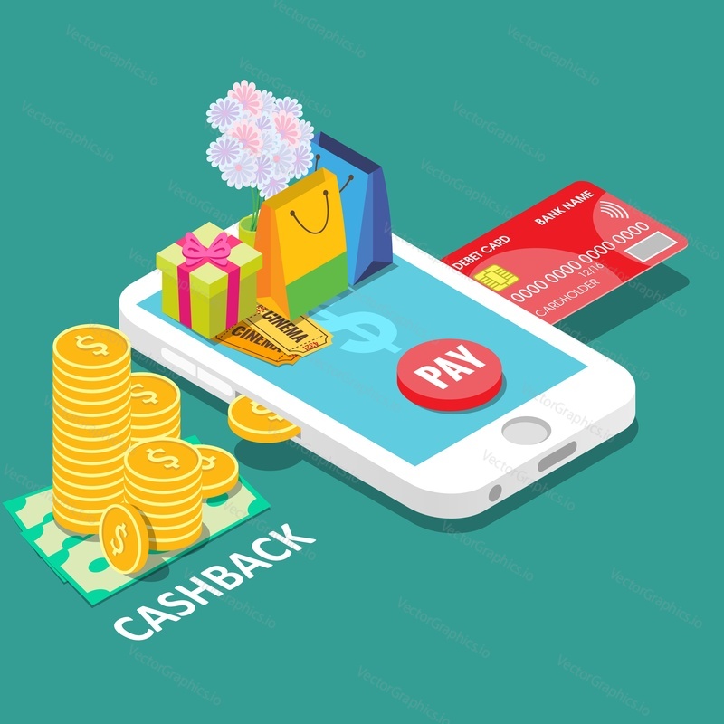 Cash back or money refund concept. Vector isometric smartphone, debit card, purchases and cash back money.