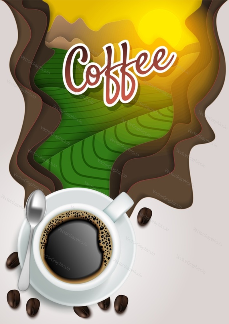 Vector top view cup of hot aromatic coffee with coffee beans and paper cut steam with coffee lettering. Trendy coffee concept design element for banner, flyer, poster etc.