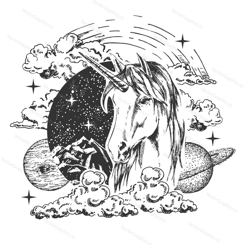 Magical unicorn tattoo or t-shirt print design. Vector sketch unicorn head combined with night sky, rainbow, clouds, planets.