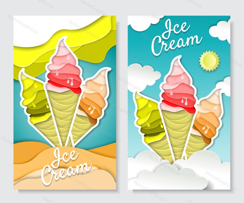 Vector paper art style ice cream vertical banner set. Delicious ice cream cones in bright colors against summer background. Ice cream ad design templates.