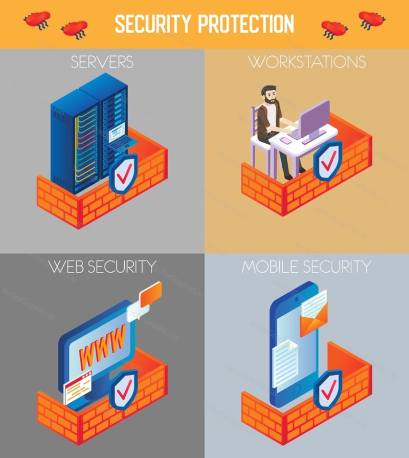Security protection vector isometric icon set. Web security, Mobile security, Servers and Workstations concept design elements for web banner, poster, infographics.