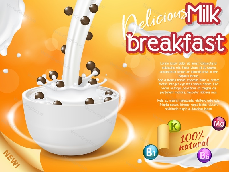 Cereal bowl with splashing milk and falling chocolate cereal balls. Vector realistic illustration. Cereal breakfast packaging design template or new natural breakfast product advertising poster.