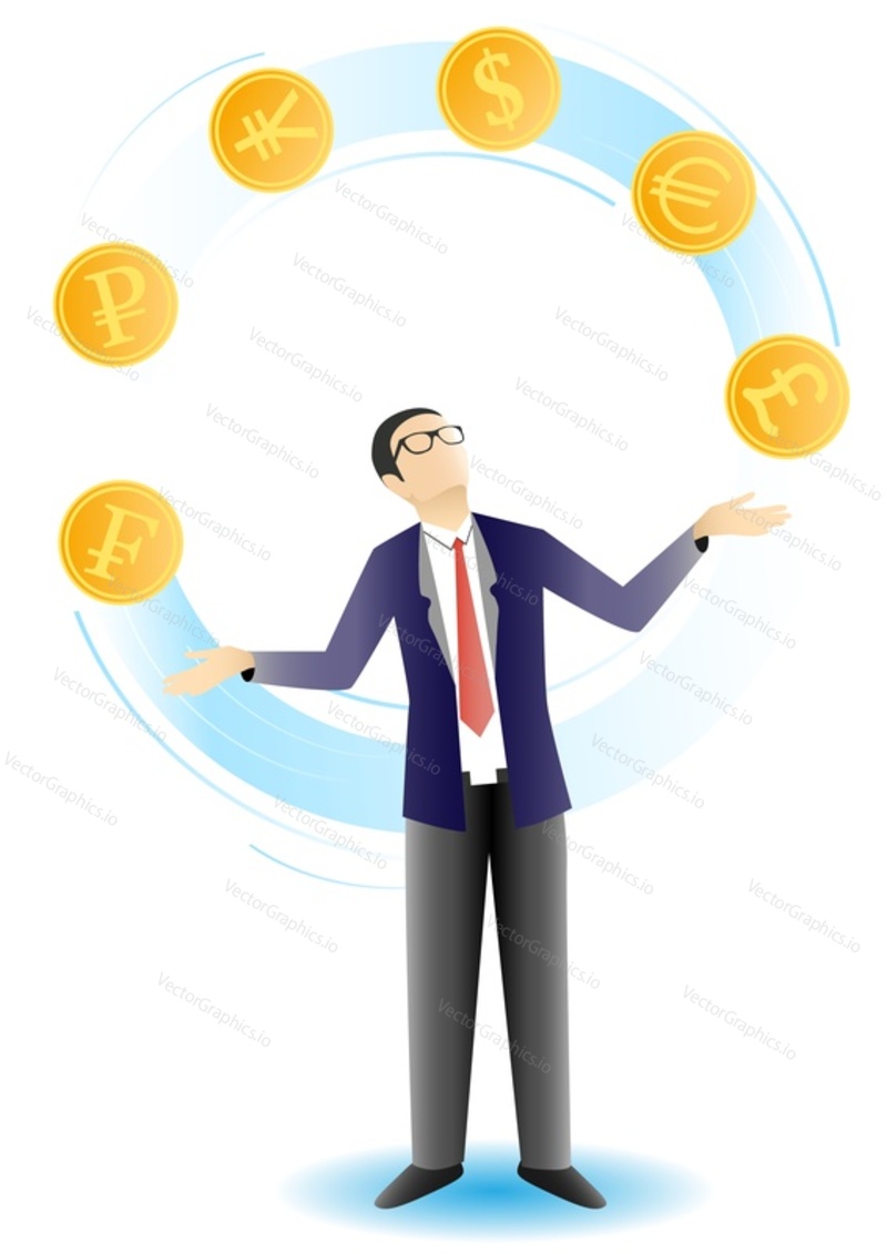 Vector illustration of businessman juggling gold coins with reserve currency symbols dollar euro pound etc. Business and finance concept design element.
