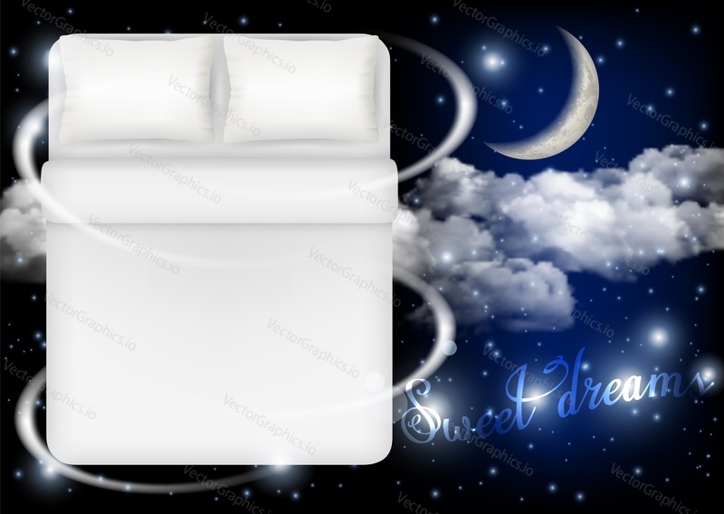 Sweet dreams concept vector realistic illustration. White bed with two white pillows, blanket and linen on moonlit sky background. Soft comfy bed ad design template.