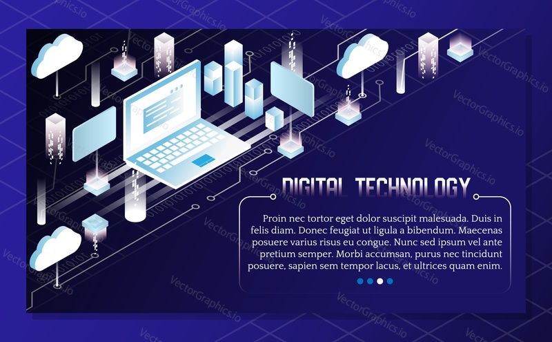 Digital technology poster, banner design template. Vector isometric illustration.