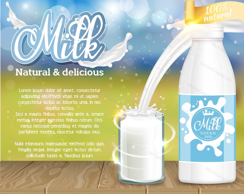 Milk natural and delicious dairy product ad. Vector realistic illustration. Milk plastic bottle, glass of milk, pouring milk splash, copy space. Milk poster, banner, flyer design template.