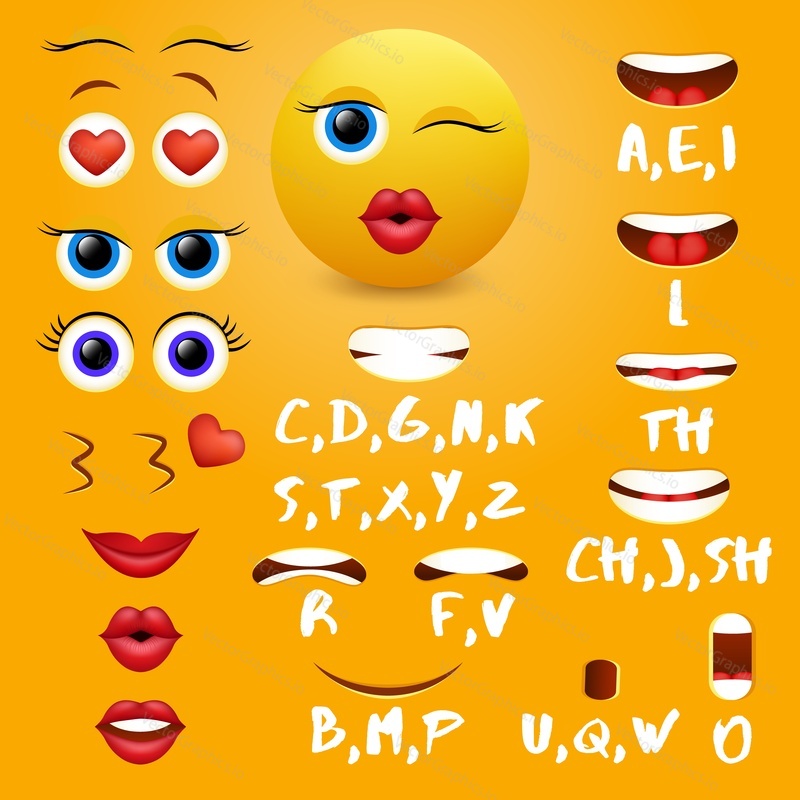 Female emoji mouth animation vector design elements. Lip sync mouth shapes for animation and eyes, eyebrows, lips for cool smiley creation.