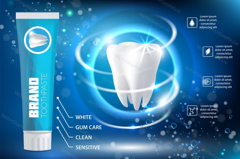 Рекламный плакат отбеливающей зубной пасты. Векторный реалистичный макет упаковки зубной пасты с вашим брендом на синем фоне с белым сверкающим зубом и копировальным пространством.