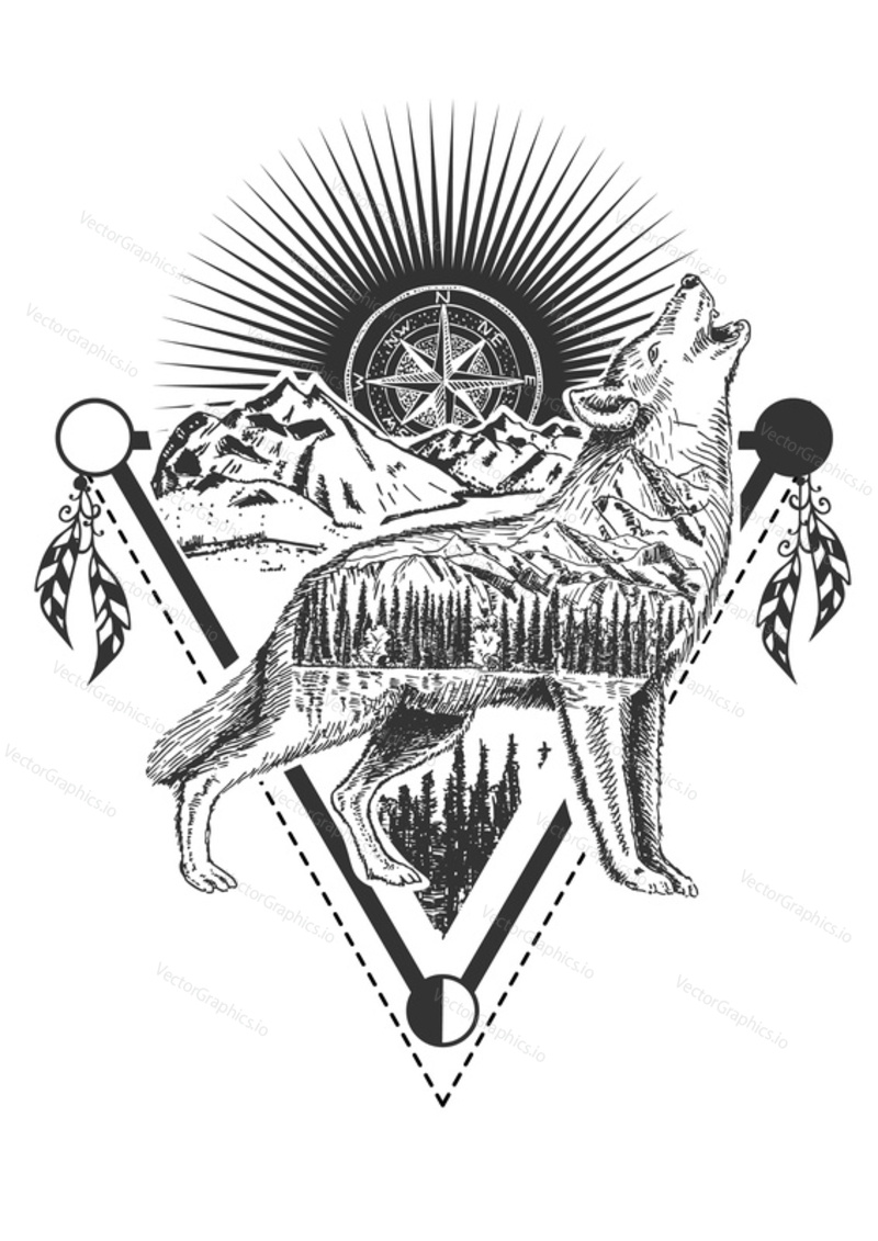 Vector animal tattoo or t-shirt print design. Howling wolf combined with nature, compass rose and geometric shapes.